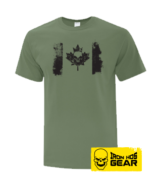 Distressed Canadian Flag Skull  - Mens T Shirt Military Green - Horizontal